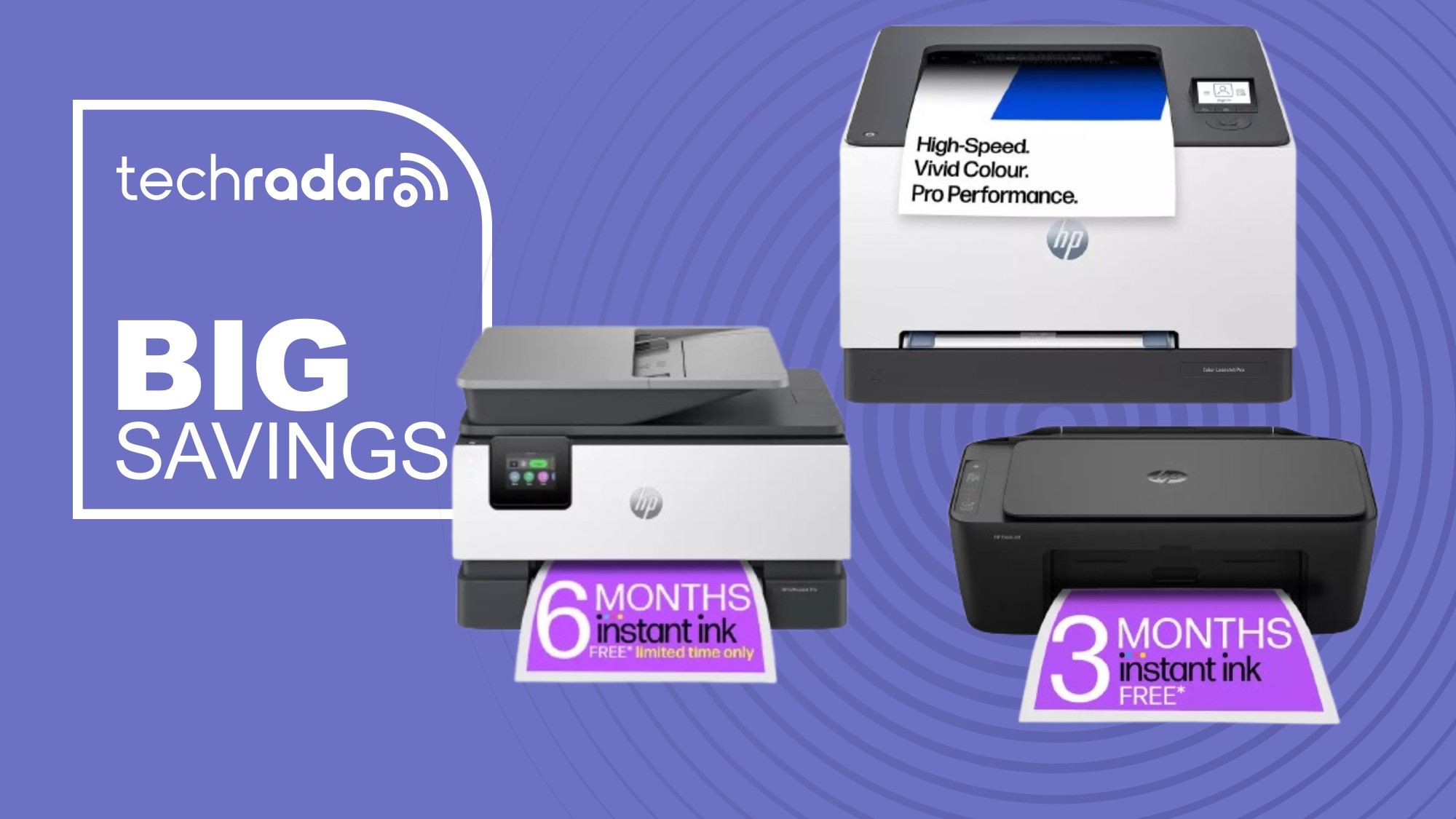 Three HP printers on a purple background next to a TechRadar badge that reads 'Big Savings'