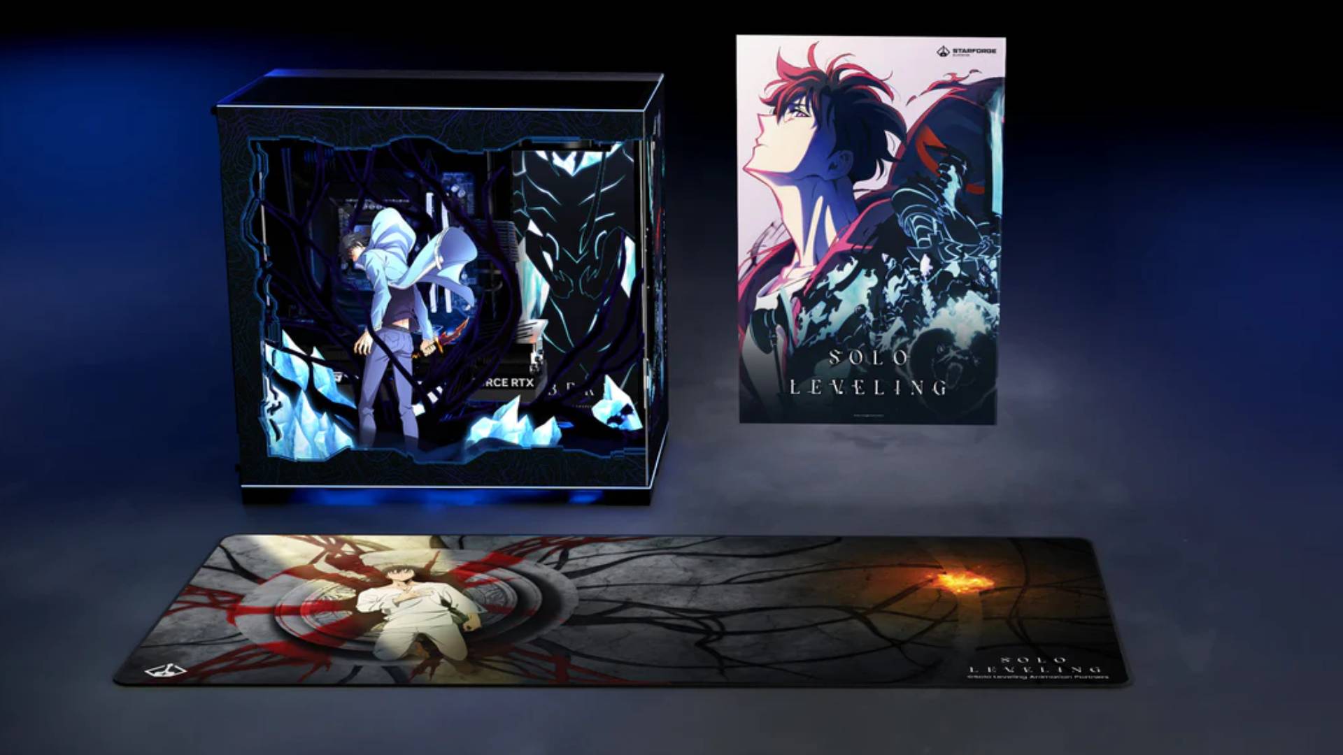 Official Starforge Systems marketing image showing the Solo Leveling PC gaming bundle.