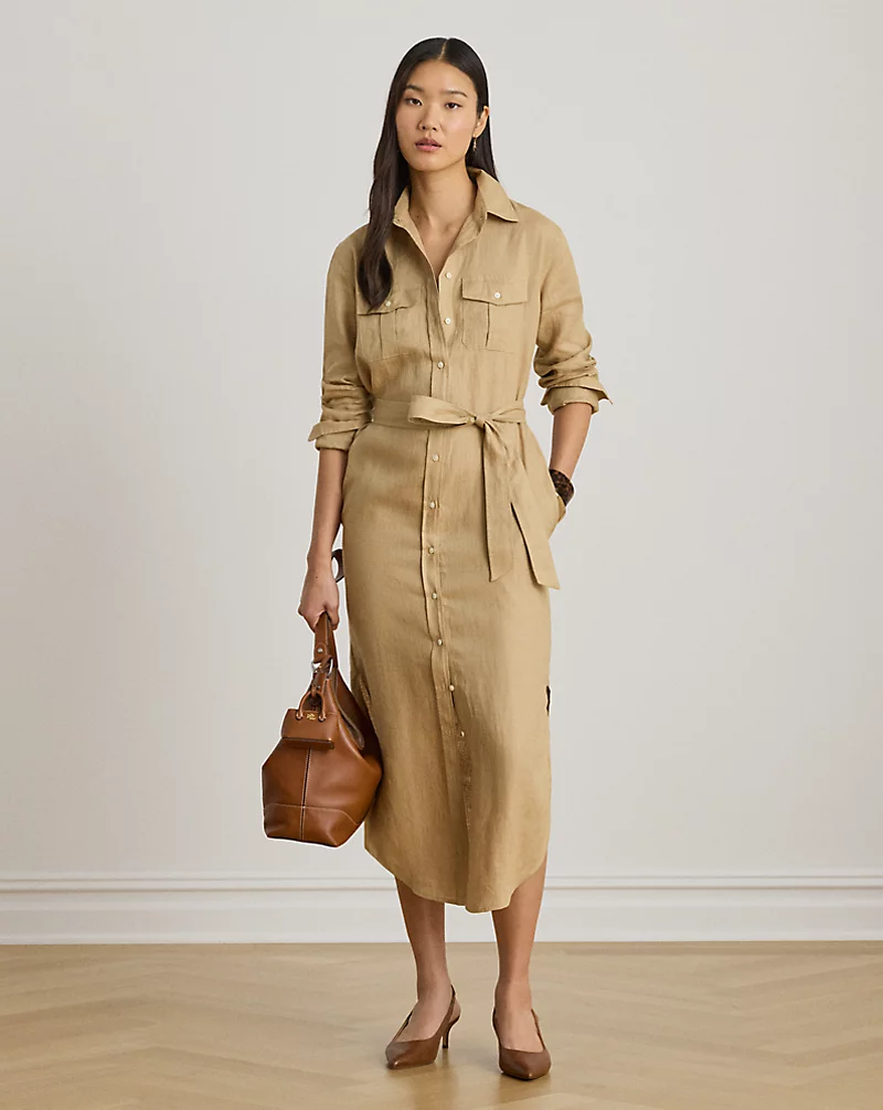 Belted Linen Midi Shirtdress
