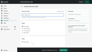 Shopify's user dashboard showing discount code creation