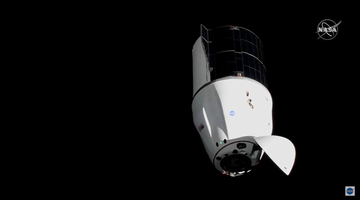 The SpaceX CRS-22 Dragon cargo ship approaches the International Space Station on June 5, 2021 during docking operations to deliver more than 7,300 lbs. (3,311 kg) of supplies to the orbiting laboratory.