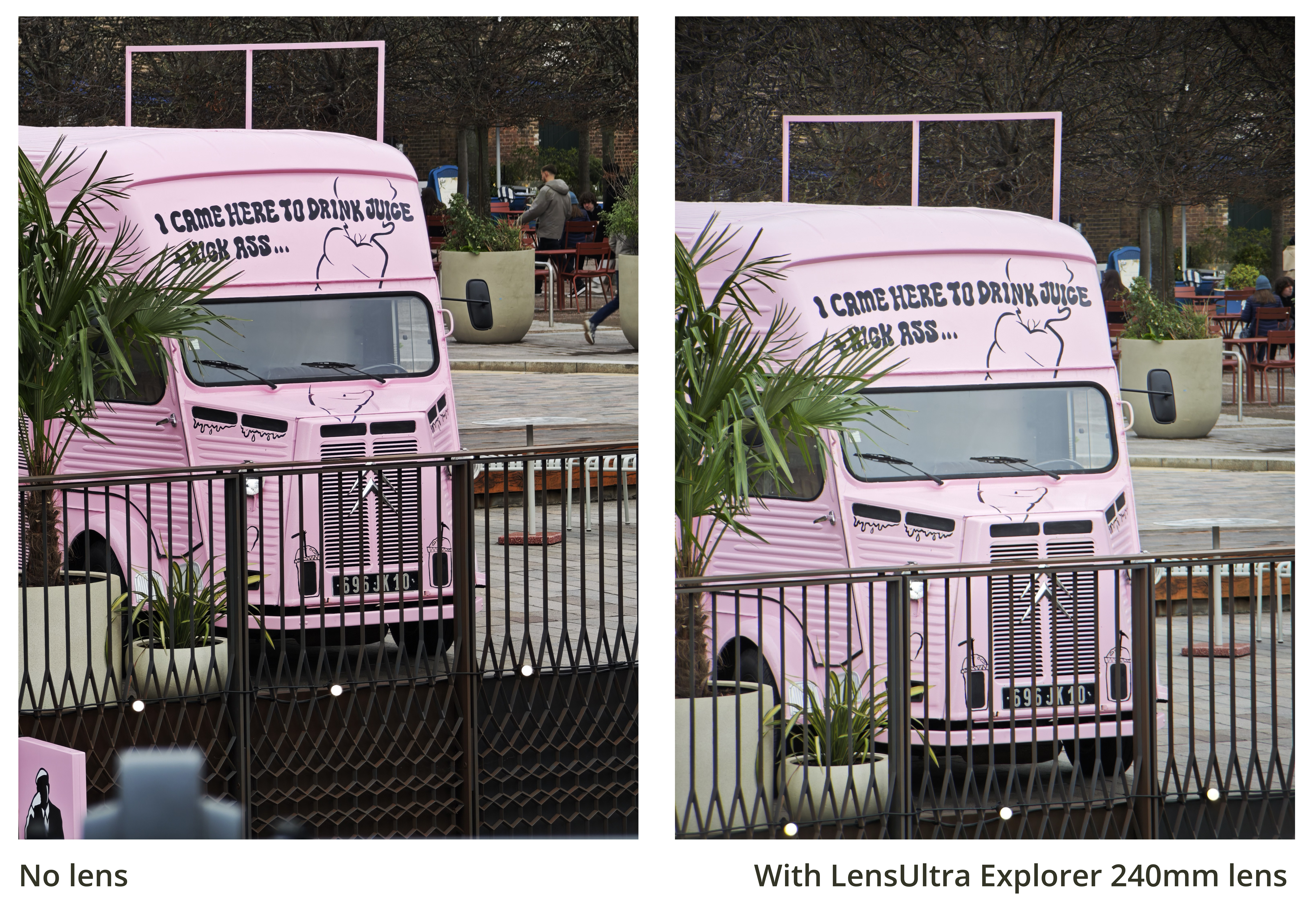 Two images of a pink coffee truck behind some railings