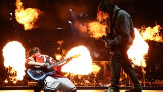 INGLEWOOD, CALIFORNIA - DECEMBER 21: (L-R) Billie Eilish and FINNEAS perform onstage during the HIT ME HARD AND SOFT: THE TOUR at The Kia Forum on December 21, 2024 in Inglewood, California. (Photo by Kevin Mazur/Getty Images for Live Nation Entertainment)