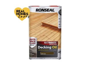 A canister of Ronseal Ultimate Protection Decking Oil