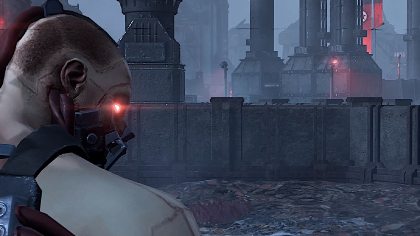 A Radical cyborg in Helldivers 2 looks menacingly over its shoulder.