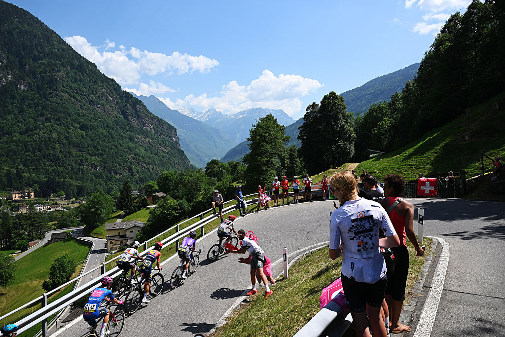 CARI, SWITZERLAND - MAY 26: A general view of the Jardi Christiaan van der Lee of Netherlands and Team EF Education - EasyPost - Blue Mountain Jersey, Jhonatan Narvaez of Ecuador and UAE Team Emirates - XRG, Giulio Ciccone of Italy and Team Lidl - Trek, Alan Hatherly of South Africa and Team Jayco AlUla and Filippo Zana of Italy and Team Soudal Quick-Step compete in the breakaway climbing to the Leontica (869m) during the 109th Giro d&amp;amp;apos;Italia 2026, Stage 16 a 113km stage from Bellinzona to Cari 1645m / #UCIWT / on May 26, 2026 in Cari, Switzerland. (Photo by Tim de Waele/Getty Images)
