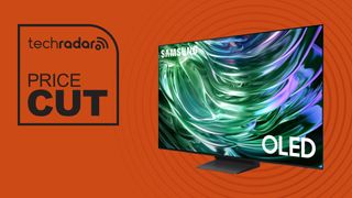 samsung S90D QD-OLED TV on orange background with "price cut" text in black and TechRadar logo