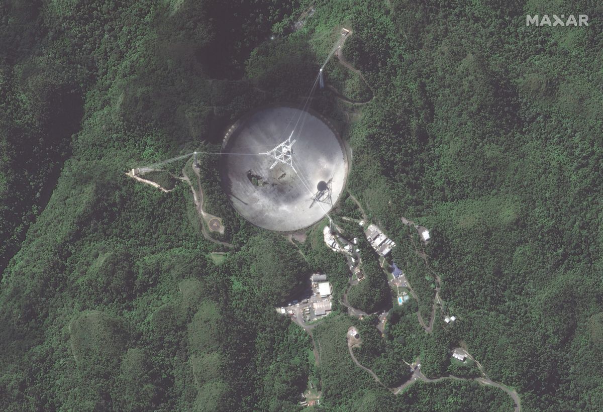 A close-up satellite look at the damage done to the Arecibo observatory.