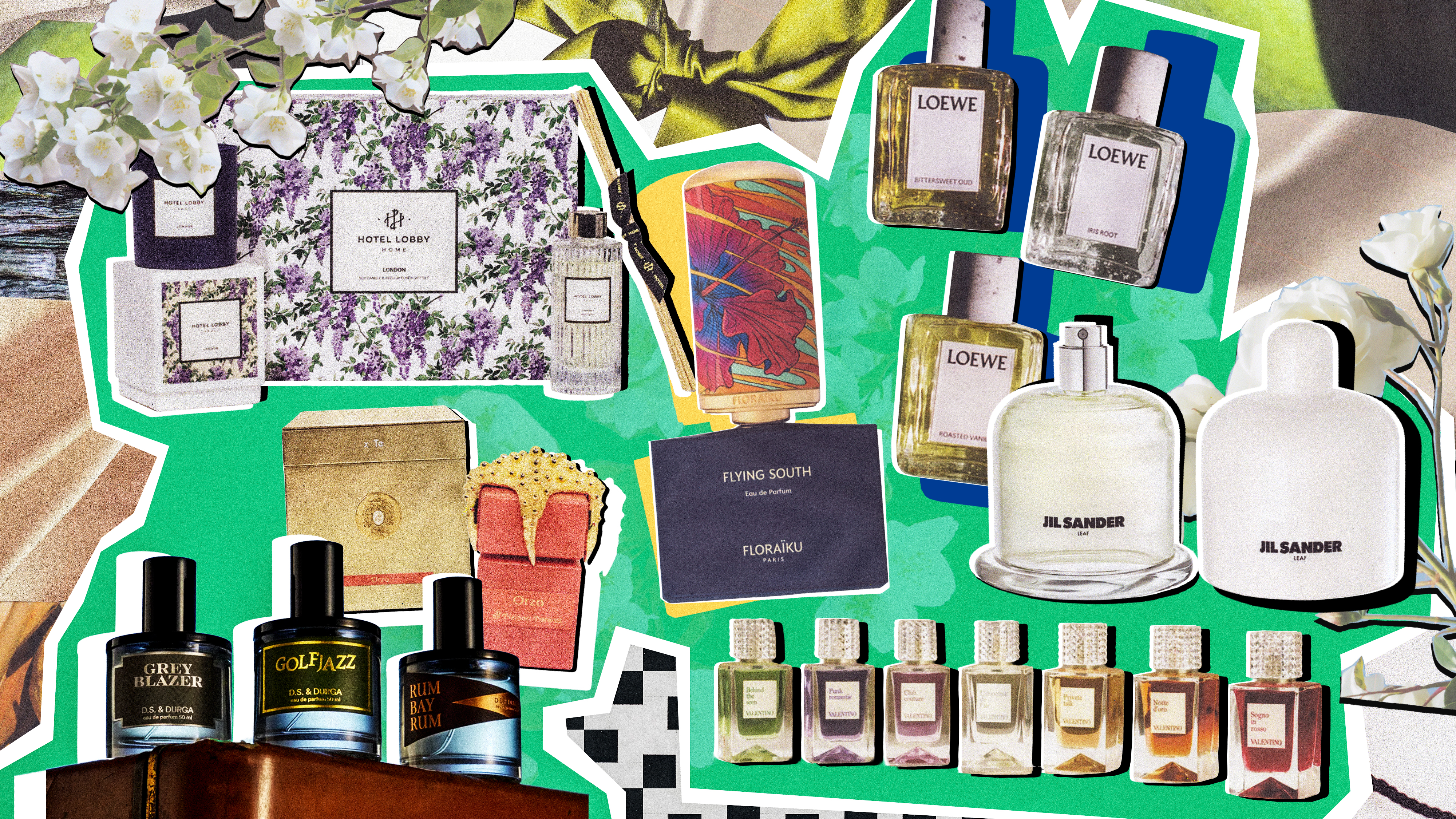 A collage of different glass fragrance bottles on an animated background with plants, flowers, and colors