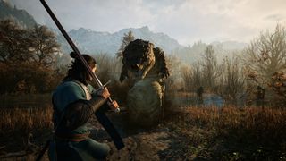 The Blood of Dawnwalker gameplay, showing Coen raising his sword to fight a scaly monster in a bog