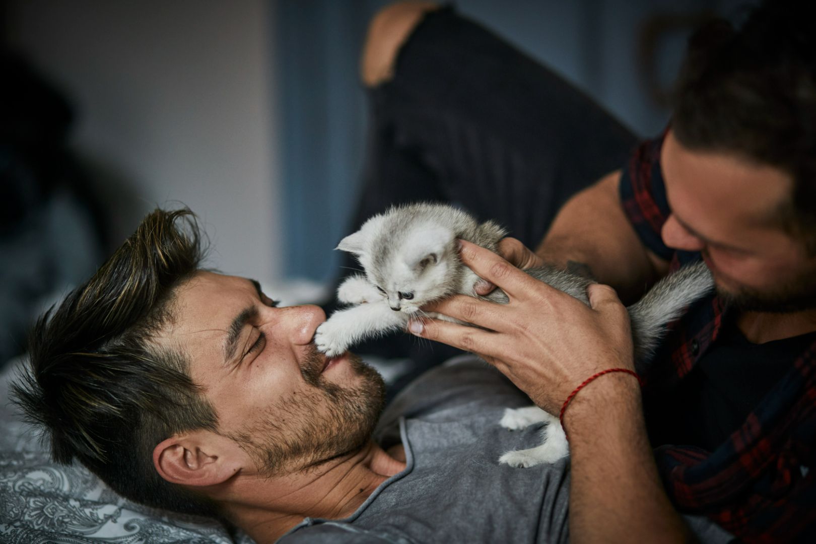 Couple snuggling with kitten