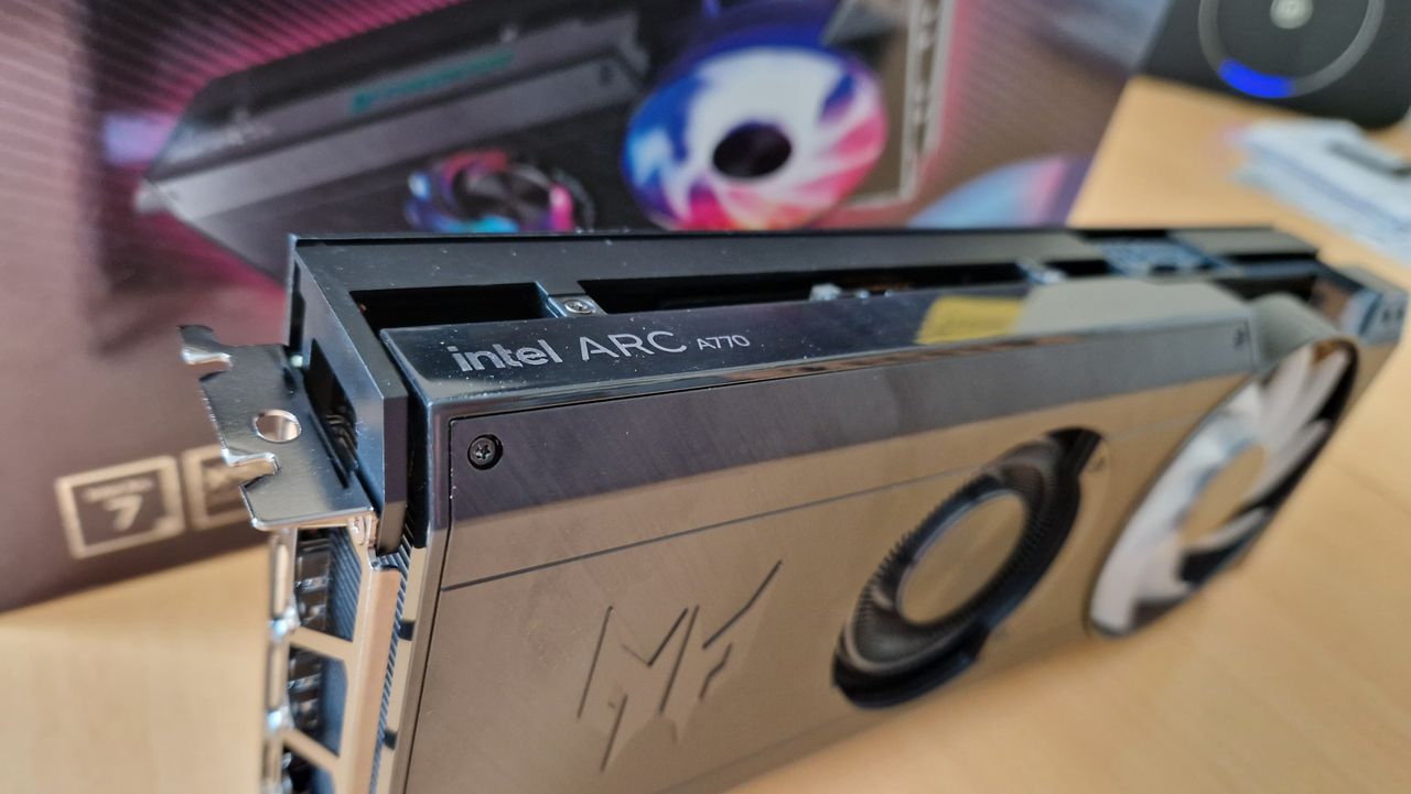 Acer Predator BiFrost Intel Arc A770's Intel branding on the card's side