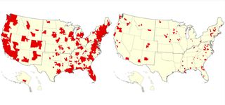 Map showing US counties where COVID-19 patient demand is predicted to exceed supply (in red) between April 2 and May 13 under various levels of social distancing and hospital preparations. The map on the left models a scenario in which there is no social distancing and a "low" hospital surge response; the map on the right models a scenario in which contact between people is reduced by 40% (through social distancing) and there is a "high" hospital surge response.