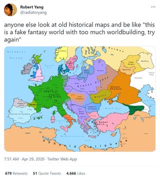 @radiatoryang: anyone else look at old historical maps and be like "this is a fake fantasy world with too much worldbuilding, try again" Attached image: A political map of Europe divided into regions such as "Empire of Charles the Great," "Swede and Goths, "Kingdom of Asturia," and "Slavic Tribes."