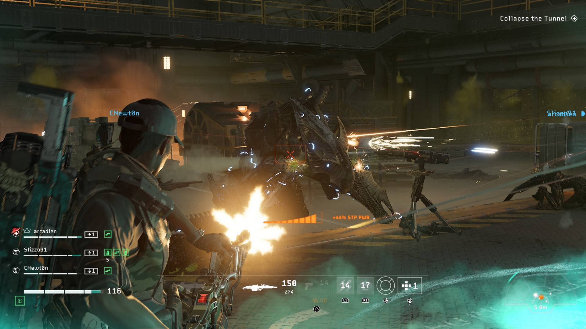 A hefty tank-like alien attacks the squad in Aliens: Fireteam Elite 2