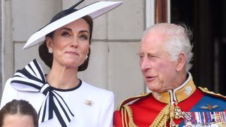 Catherine, Princess of Wales listens to King Charles III during Trooping the Colour on June 15, 2024