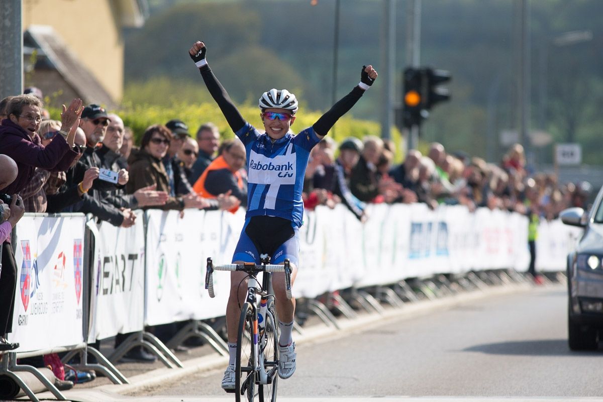 Katarzyna Niewiadoma (POL) of Rabo-Liv Cycling Team wins the stage and the overall, too after crossing the line in the first place after the second, 110.1km road race stage of Elsy Jacobs