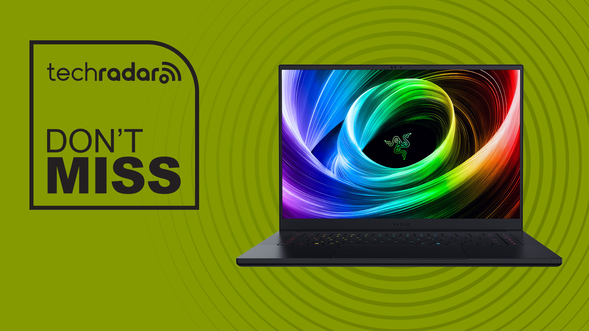 Razer Blade 16 2025 with RTX 5070 on green background with TechRadar don&#039;t miss sign