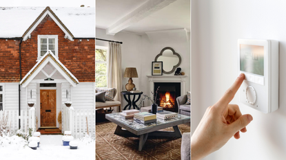 A 3 split header image of a frozen home porch, a cozy lounge with fireplace, and a smart thermostat 