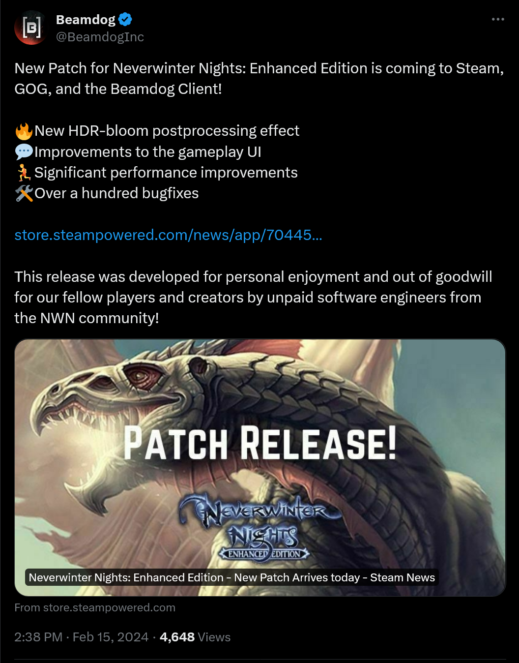 New Patch for Neverwinter Nights: Enhanced Edition is coming to Steam, GOG, and the Beamdog Client! 🔥New HDR-bloom postprocessing effect 💬Improvements to the gameplay UI 🏃Significant performance improvements 🛠️Over a hundred bugfixes https://store.steampowered.com/news/app/704450/view/7597079377547967509