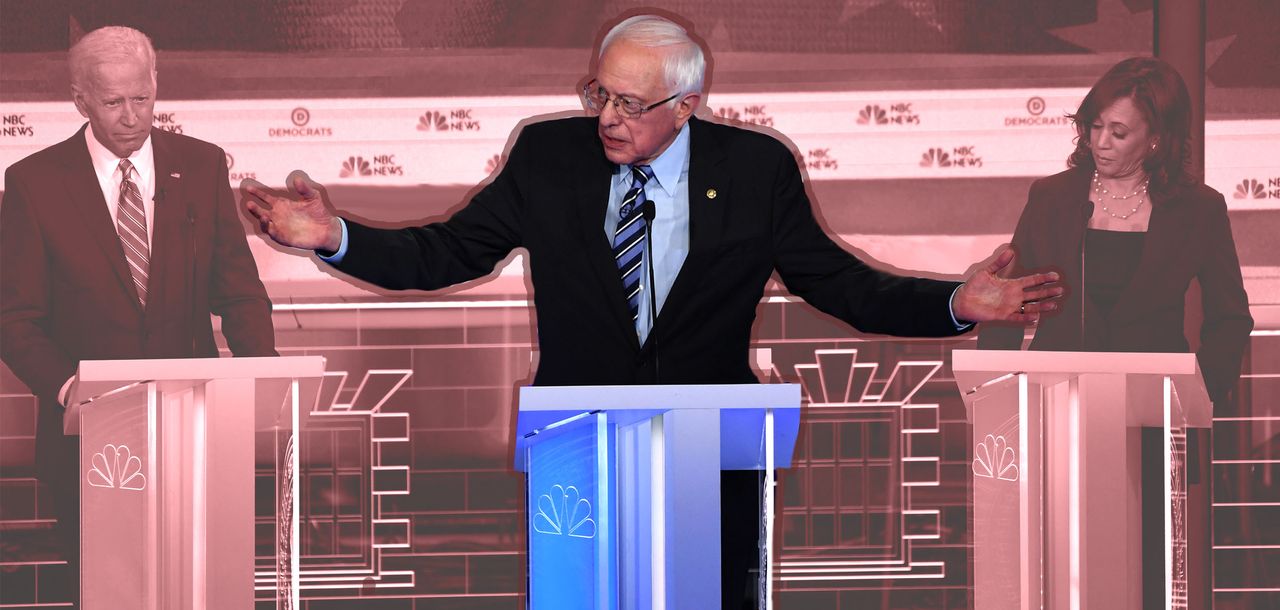 Sen. Bernie Sanders, Joe Biden, and Sen. Kamala Harris at the debate.