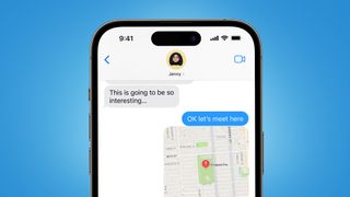An iPhone on a blue background showing an iMessage conversation