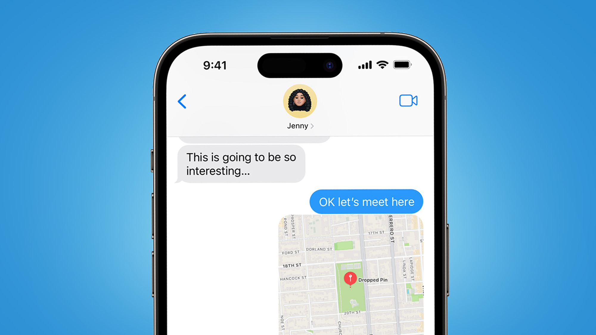 An iPhone on a blue background with an iMessage conversation