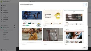 A popup window in Shopify showing a selection of free themes