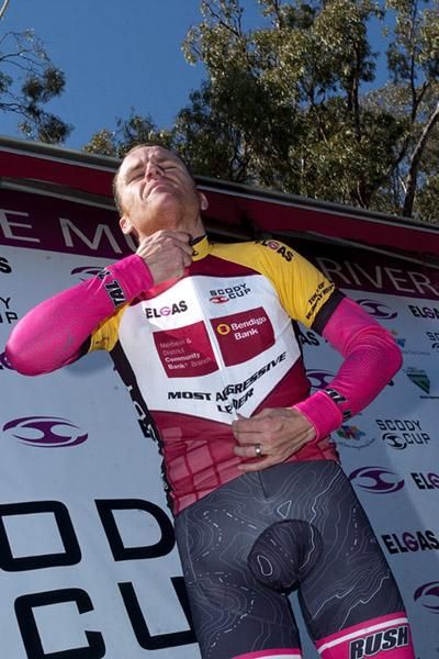 Gordon McCauley (Hyster-Total Rush) zips up his most aggressive rider of the stage jersey from stage two in Echuca.