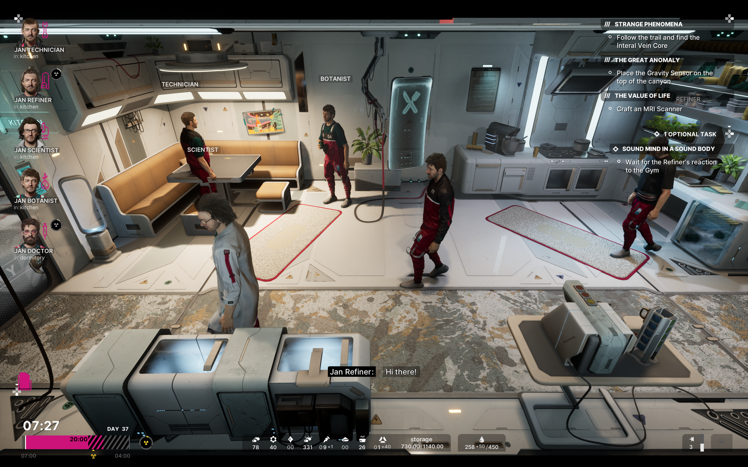 The Alters screenshot showing multiple clones of Jan hanging out in their space base.