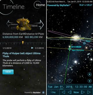 Pluto Safari's Timeline option lets you step through all the milestones of the New Horizons mission, from launch through the Pluto encounter in 2015 and up to the Ultima Thule flyby on Jan. 1, 2019. Tapping the View icon opens an annotated, dynamic 3D simulation of each event that you can enlarge and rotate. The clock icon opens time flow controls to run the event virtually, in real-time or at different rates.