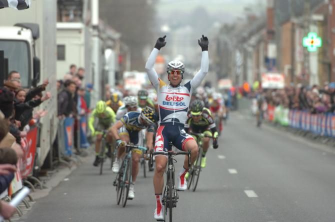 Jonas Vangenechten (Lotto Belisol) celebrates victory in the 2013 Grand Prix Pino Cerami