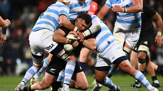 David Havili of the All Blacks is tackled during The Rugby Championship match between the New Zealand All Blacks and Argentina Pumas