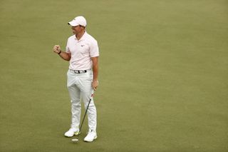 Rory McIlroy celebrates following final putt at the 2021 Wells Fargo Championship