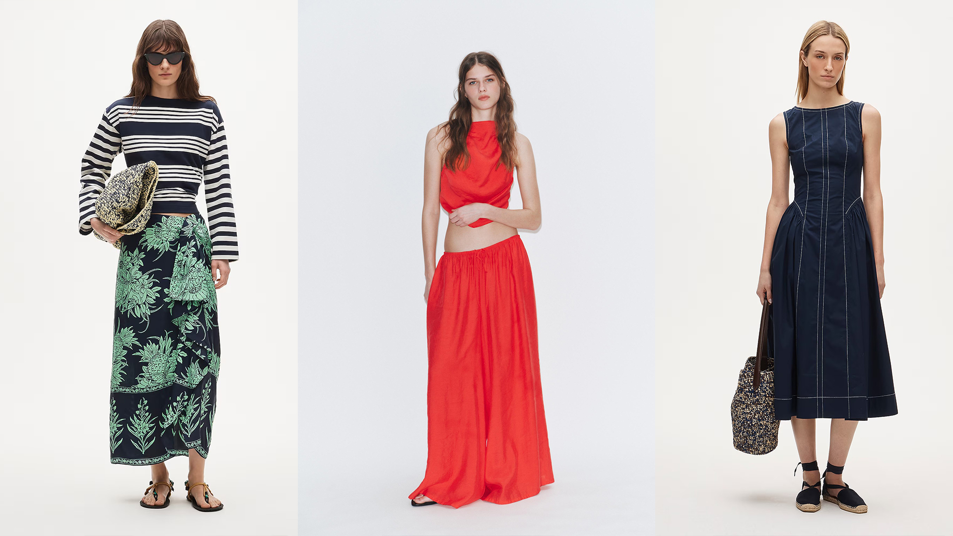 Model wears red pant set. Another model wears dress and espadrilles. Last model wears green and navy saraong with a striped tee. 