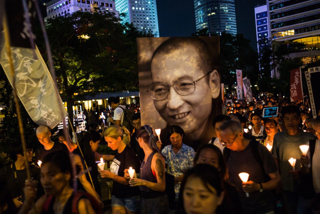 A march to mourn the death of Nobel laureate Liu Xiaobo