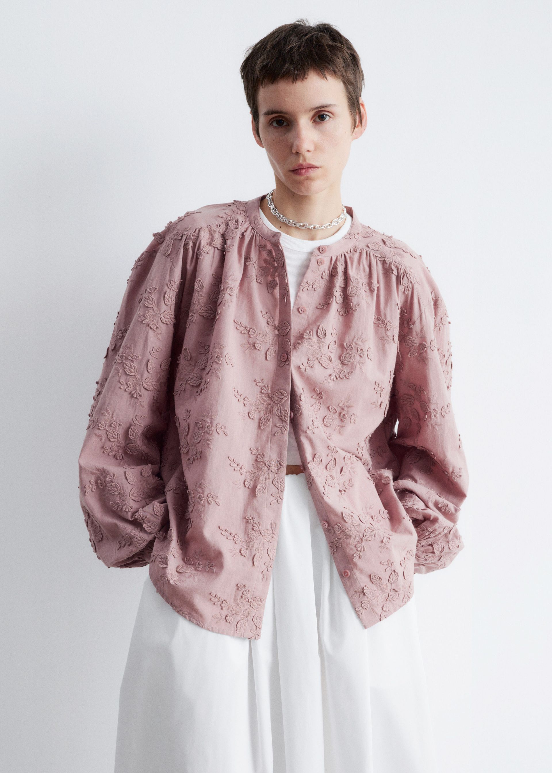 Voluminous Floral-Appliqué Blouse
