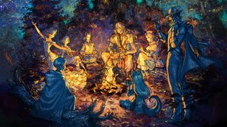 Characters from Octopath Traveler 2 sit around a campfire.