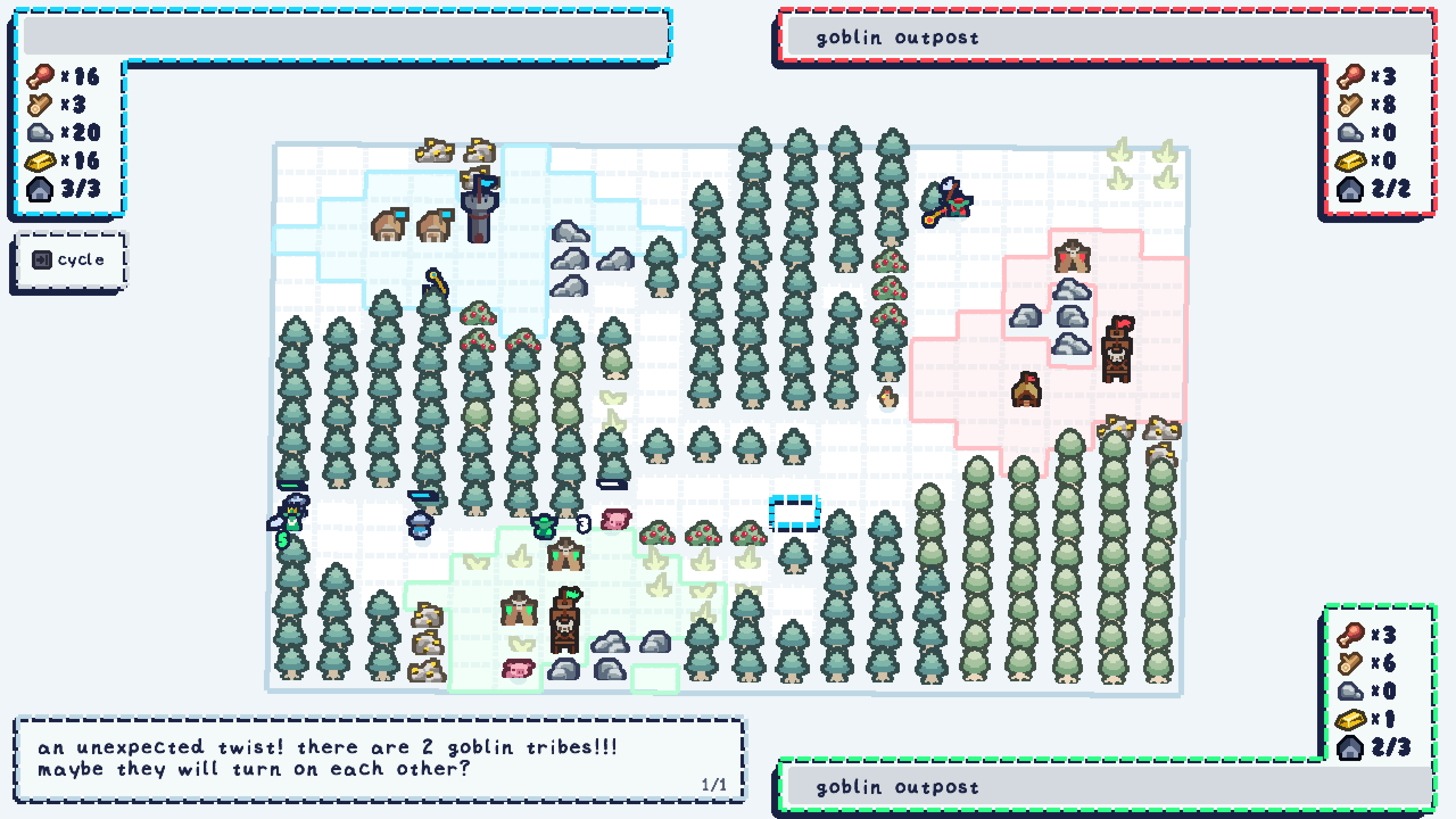 A full screen image from the video game King Pins, depicting kingdoms and soldiers fighting. It is depicted in a cute, retro-pixel style.