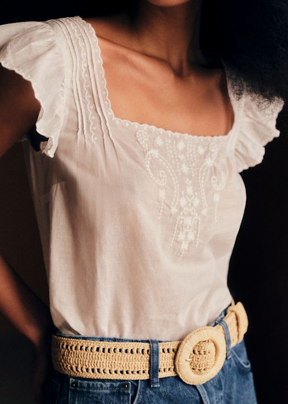Elie Blouse - Plain Ecru Embroidery Beige Background - Organic Cotton - S&amp;eacute;zane