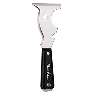 A silver metal paint scraper with a black plastic handle