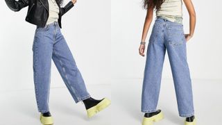 composite of model wearing petite topshop baggy blue wide leg jeans
