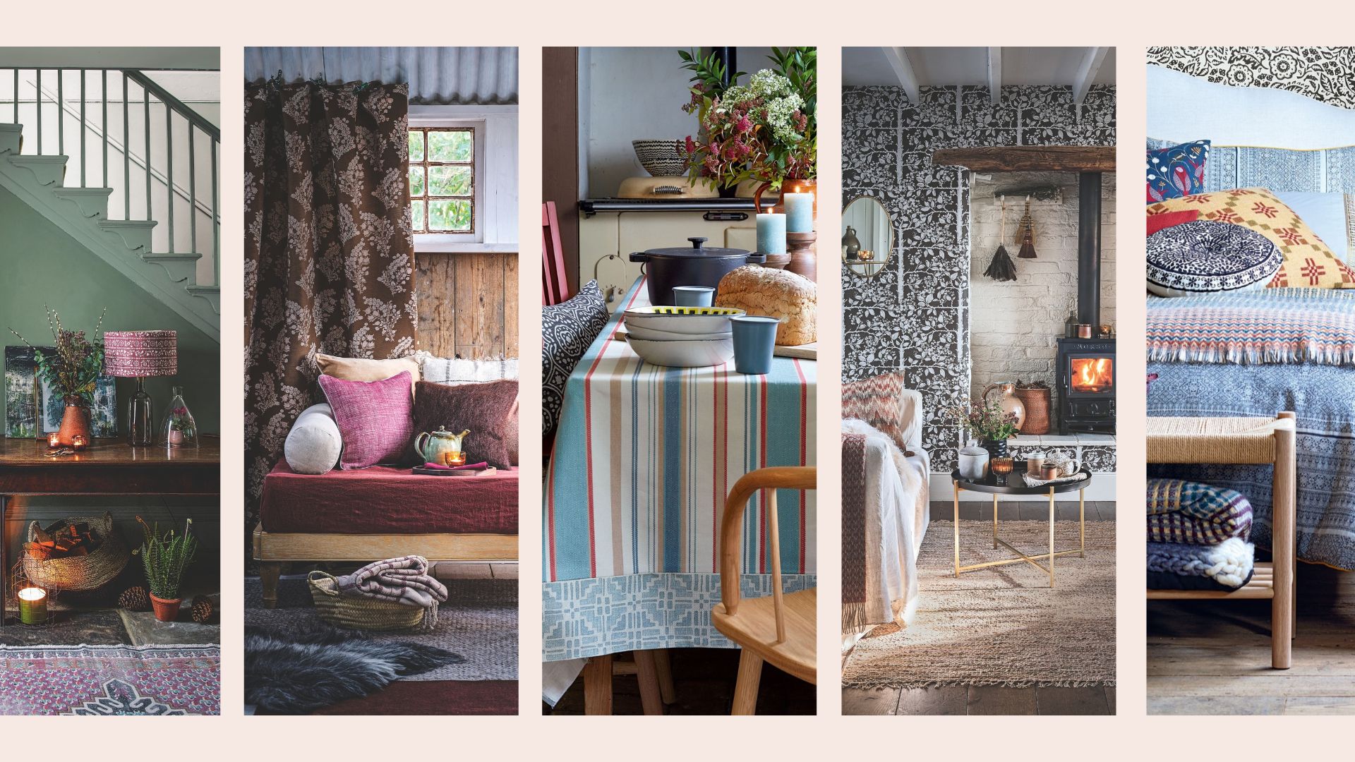 Compilation image of rooms around a house with layers, lighting and colours to make a home cosy
