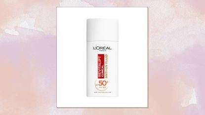 Collage of image of L'Oréal Paris Revitalift Clinical Anti-UV Fluid SPF 50+ in a frame on a pink watercolour background