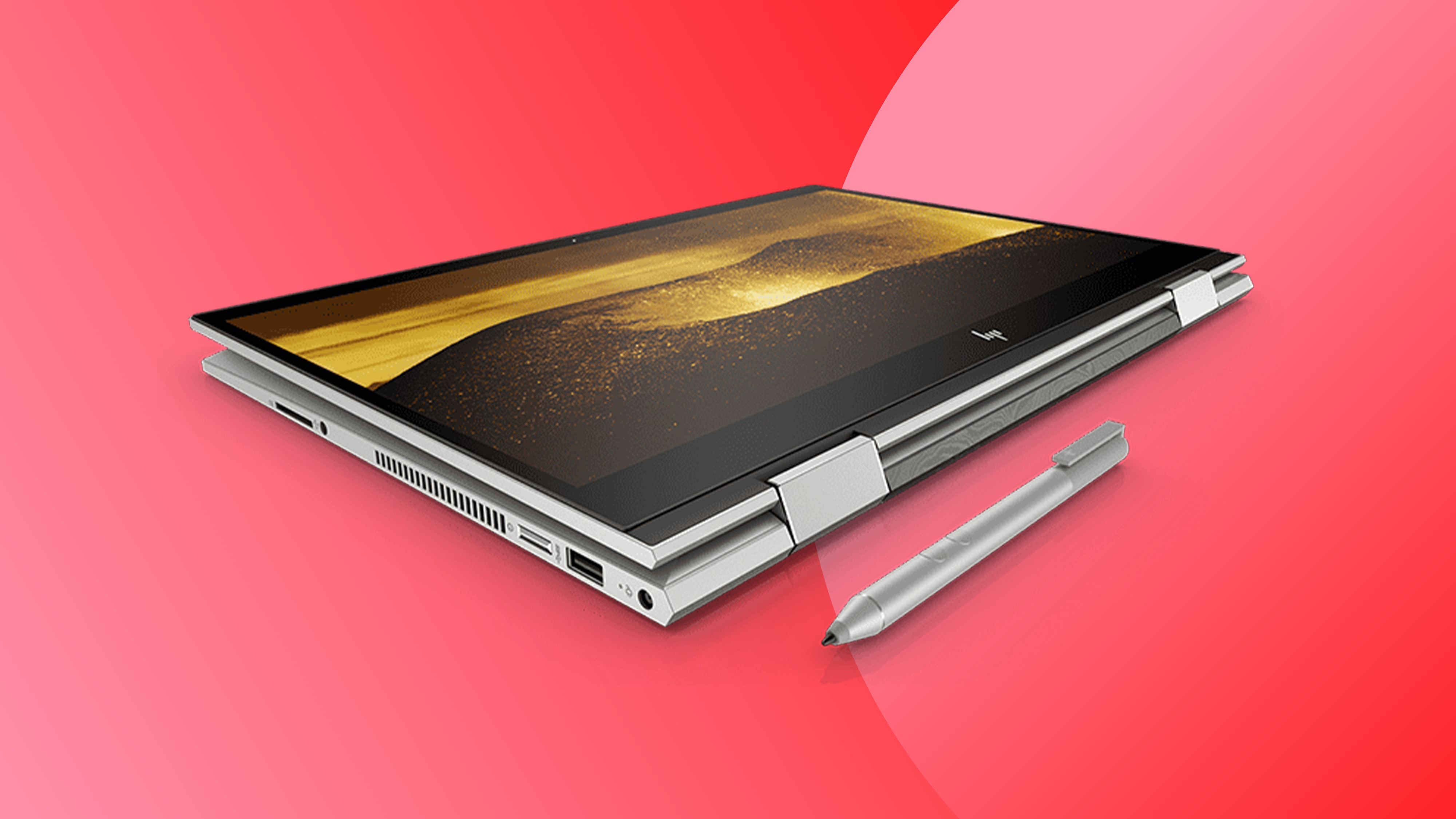 An HP Black Friday deals image with an HP Envy x360 on a red background