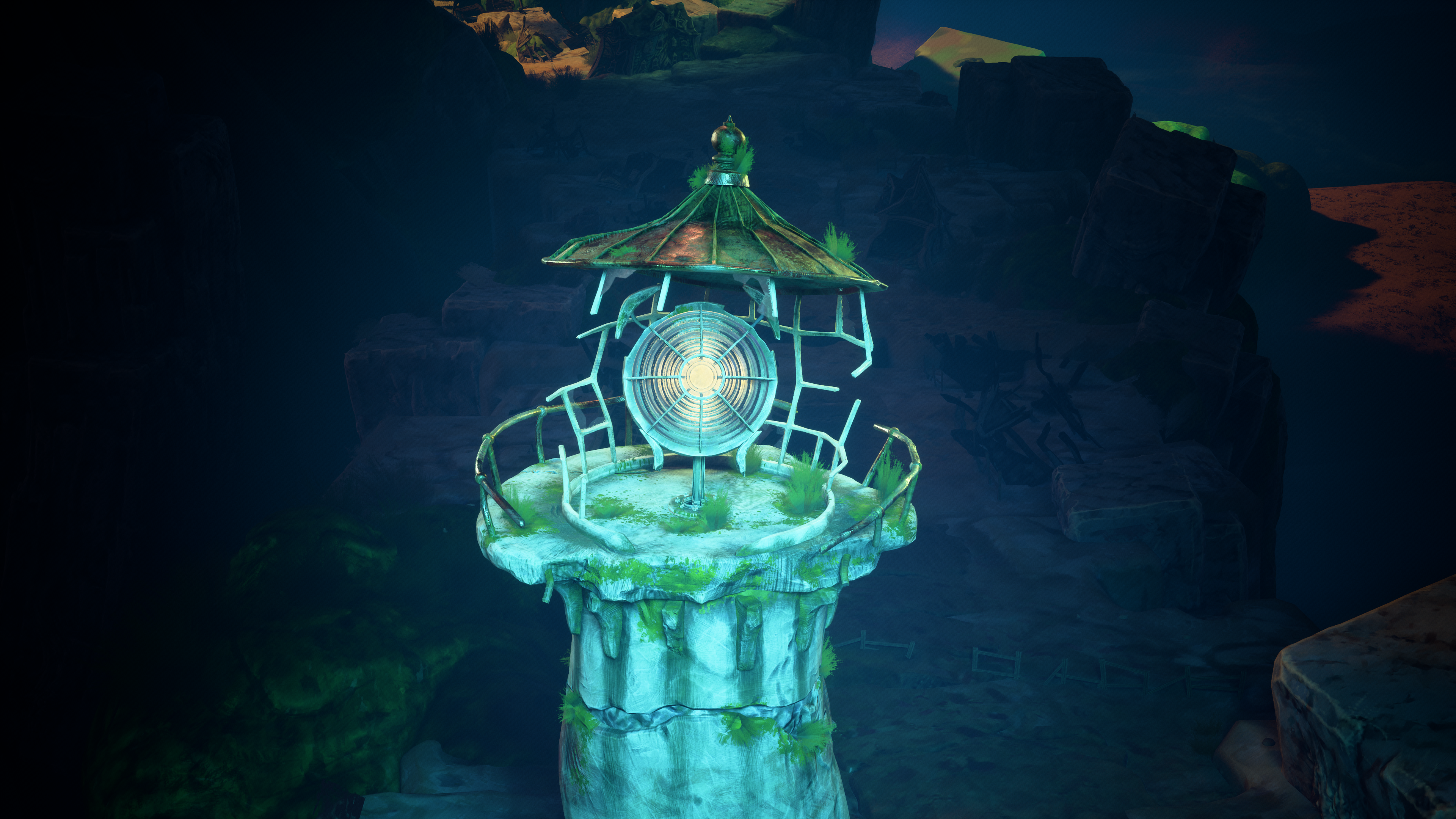 A screenshot of Double Fine's Keeper. A sentient lighthouse stands int he darkness, its front side illuminated by a light off-screen.