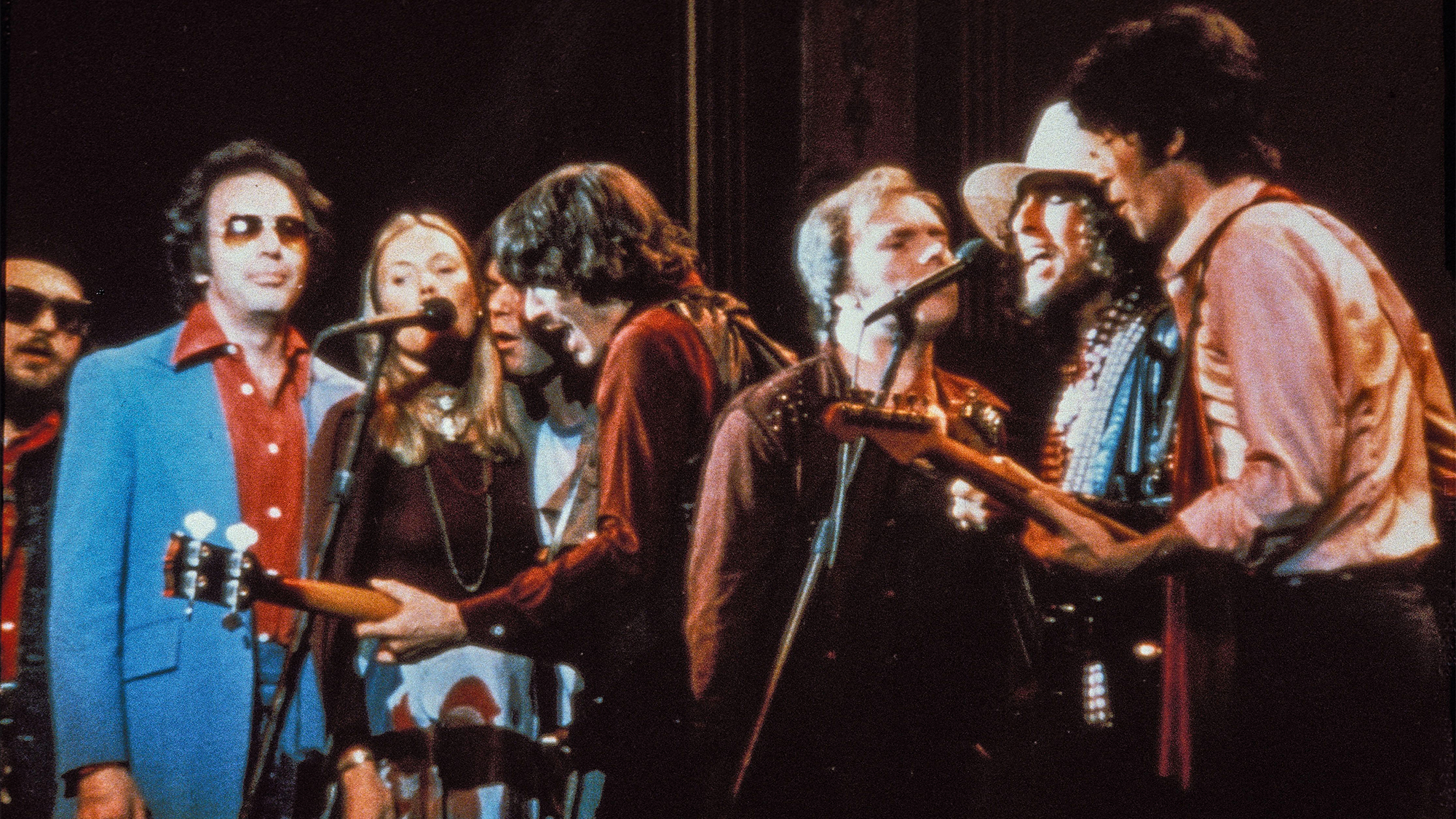The Last Waltz encore. (from left) Dr. John, Neil Diamond, Joni Mitchell, Neil Young, Rick Danko, Van Morrison, Bob Dylan and Robbie Robertson