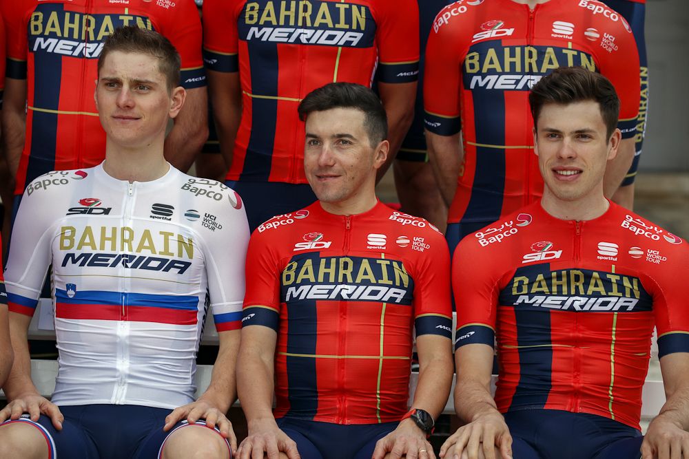 Phil Bauhaus (right) at the Bahrain-Merida team presentation with Matej Mohoric and Domenico Pozzovivo