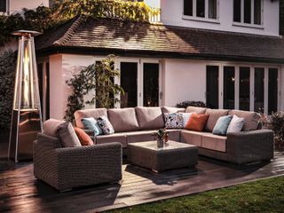 outside decking space with sofas and heater