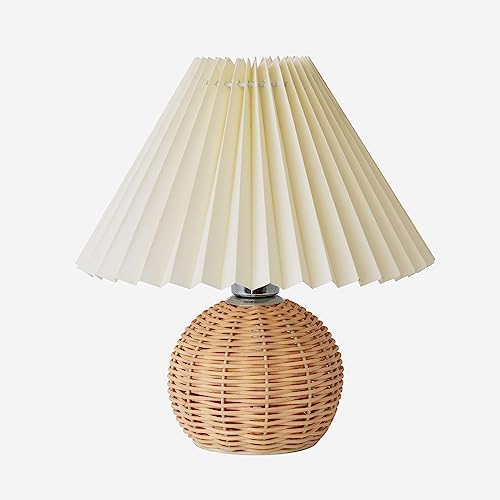 Kunjoulam Pleated Table Lamp, Modern Bedside Nightstand Lamp With Beige Lampshade Rattan Metal Base, Desk Light for Bedroom Living Room Home Office Decor With E12 Bulb